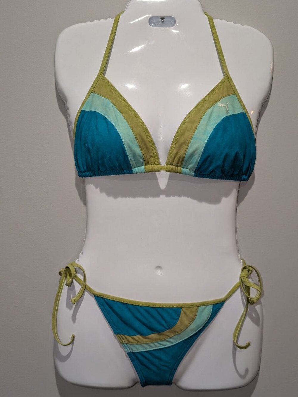 Puma Colorblock String Bikini Top L - Bottom S Aqua Blue Green